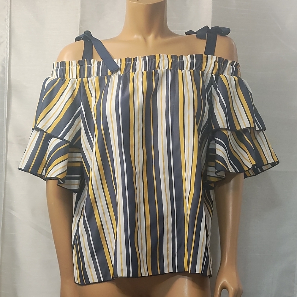 Tempted Blue and Yellow Flutter Sleeve Ruffled Blouse